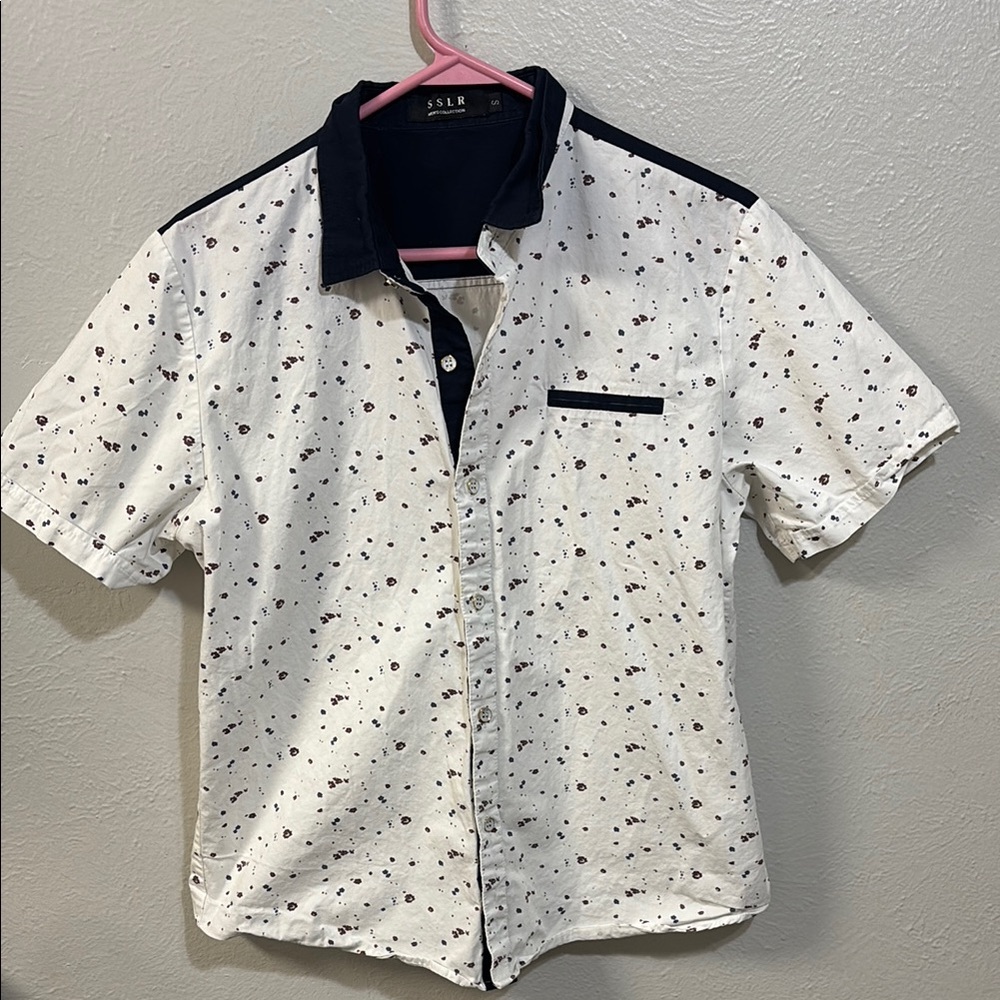 SSLR Men’s White Casual Button Down Shirt with Navy & Maroon Speckles SZ S